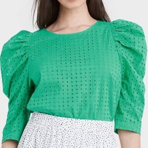 A NEW DAY Green Elbow Sleeve Eyelet Top